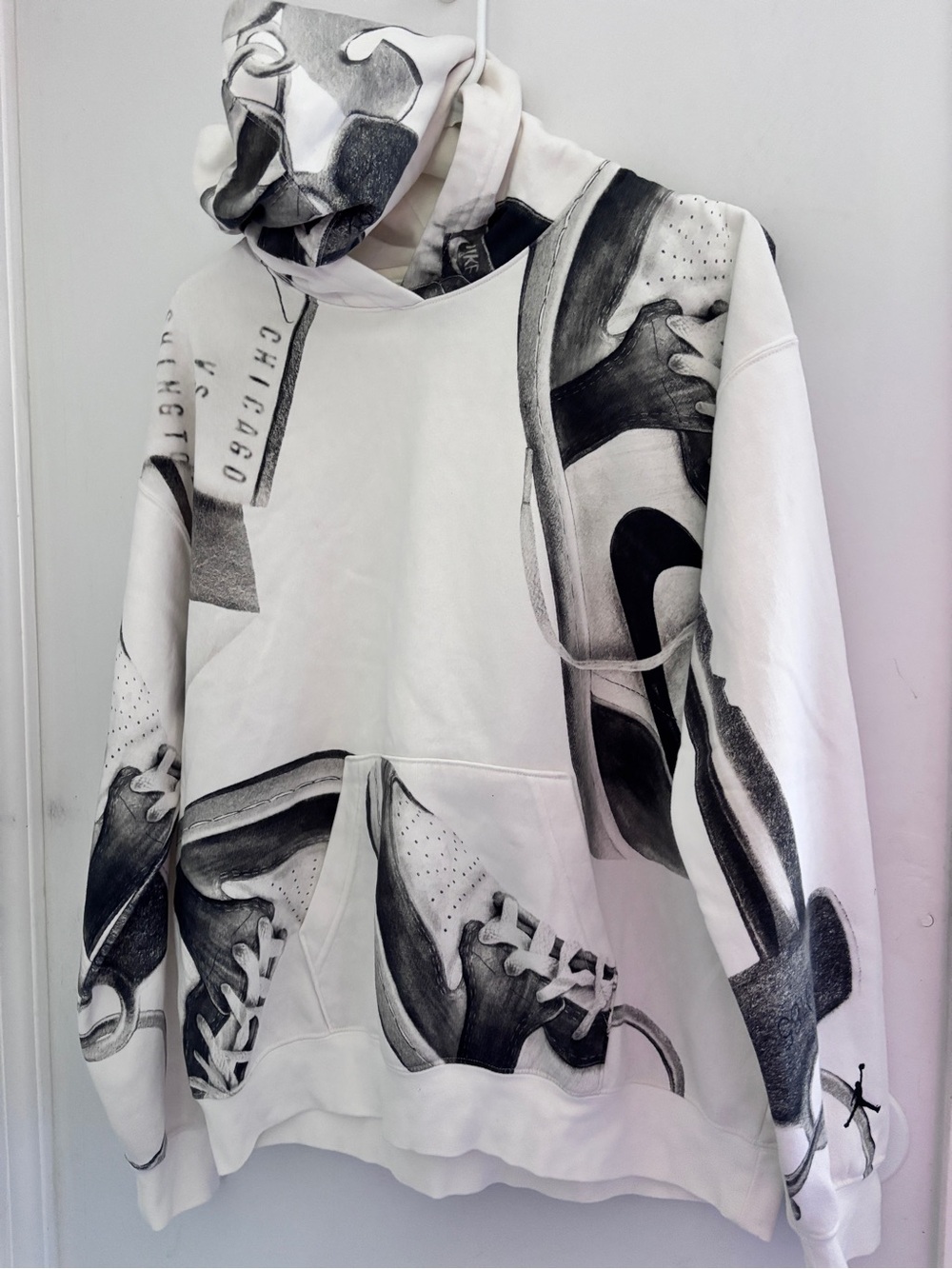 Air Jordan White Hoodie with Black Sneaker Graphic - Men Hoodie 48x27 Medium